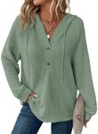 Dokotoo Sweatshirts for Women Trendy Waffle Knit Hoodies Drawstring Button V Neck Long Sleeve Casual Loose Lightweight Soft Comfy Warm Pullover Sweatshirt Hooded Tops Plus Size Light Green X-Large