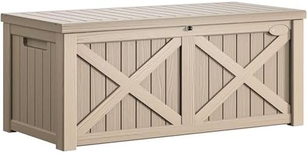 YITAHOME 120 Gallon Large Deck Box, Upgraded Resin Outdoor Storage Boxes w/Flexible Divider, Waterproof Cushion Storage Bench for Patio Furniture, Pool Supplies, Garden Tools - Lockable, Light Brown