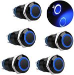 5PCS 12mm Latching Push Button Switch 5A 12V DC Pushbutton Switch 1NO1NC SPST ON/OFF Switch Black Metal Shell with Blue LED Ring Light, Waterproof Self-Locking Pushbutton Switch for 1/2" Mounting Hole