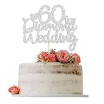 Gyufise 1Pcs 60th Wedding Anniversary Cake Toppers with Heart Silver Glitter 60th Diamond Wedding Anniversary Heart Cake Decoration for Celebration Party Supplies