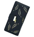 Molylove Women's Wallet Hollow Leaf Pattern Bifold Leather Lady Long Wallet Purse Zipper Handbag Button Clutch Bag (Black)