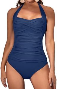 Eomenie Womens Halter Tankini Bathing Suit Ruched Tummy Control Two Piece Swimsuit with Bottom, Navy Blue, Medium
