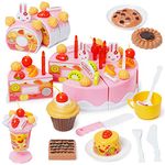 75PCS DIY Cutting Birthday Cake Toy Pretend Play Tea Set Food Set Role Play Food Sets with Removable Candles Fruit Ice Cream Biscuits Candy and Chocolate Gift for Toddler Girls Boys 3+ Year Old