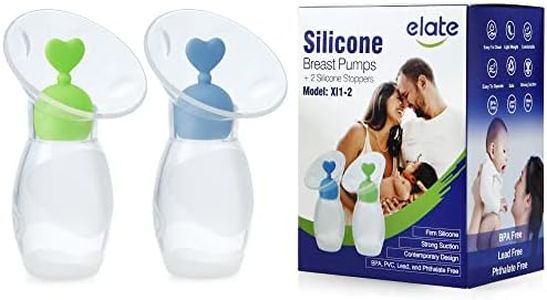 Elate Manual Breast Pump for Breastfeeding | Silicone Milk Collector with Leak-Proof Stoppers for Nursing Moms | Enhance Milk Production | BPA Free FSA HSA Eligible – 2-Pack, 4oz Blue Green