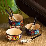 ExclusiveLane 'Soupy Huts' Microwave Safe, Dishwasher Safe Handpainted Ceramic Modern Soup Set Bowl with Spoon (Multi Color, 260 ml, Set of 4)