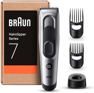 Braun Haarschneider Series 7, Haarschneidemaschine und Rasierapparat für Herren, Haartrimmer mit Ultrascharfe Klingen, 17 Längen, 2 Kammaufsätze, 50 Min. Akku, Abwaschbar, HC7390, Grau
