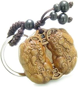 Double Lucky Dragons Holding Fortune Coins Keychain - Good Luck Gifts - Protection Powers Feng Shui Amulet - Sandal Wood Key Fob Ring Lucky Charm - Spiritual Energy Talisman