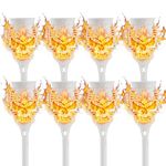 Spooky Skulls Solar Torches Lights - 8-Pack Flickering Flame Torches for Enchanting Halloween Decor, Waterproof Outdoor Solar Powered Lighting, for Pathways Garden Yard, White,