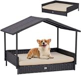 NATURAL EXPRESSIONS 2-in-1 Wicker Dog House,Elevated Dog Bed for Indoor/Outdoor with Removable Canopy,Large Dog House with Raised Pet Cot Cool, Breathable, Shade, waterrproof with Non-Slip Feet