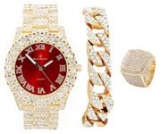 Mens Gold Big Rocks Bezel Blood Red Dial with Roman Numerals Fully Iced Out Watch w/Cuban Chain Bracelet & Ring Size - Blood Red/Gold - ST10327CRG, gold, 12, Modern