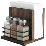 MyGift Rustic Burnt Solid Wood Napkin Holder and Salt & Pepper Caddy, 4 Piece Set Dining Tabletop Napkin Dispenser with Condiment Caddy and 3 Glass Bottle Shakers