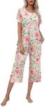 Ekouaer Women's Pajama Set - Cotton-Blend Short-Sleeve Loose Top with Matching Capri Bottoms 2 piece pj sleepwear PAT6,L