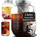 1 Gallon Cold Brew Coffee Maker, Iced Tea Pitchers with 3rd Generation Mesh Filter & Stainless Steel Spigot, Extra Thick Large Glass Mason Jar Drink Dispenser Carafe, Iced Coffee Maker