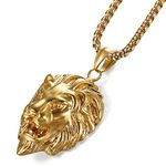 JewelryWe Men's Necklace Stainless Steel Lion Head Pendant Gold Plated Biker Necklace with 55cm Chain, for Valentine¡¯s Day