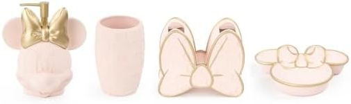 Disney Minnie Mouse Bathroom Organizer Set - 4 Piece Pink Accessories Includes Resin Soap Dispenser, Soap Dish, Toothbrush Holder and Tumbler - Bathroom Décor