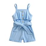 Awxoder Toddler Baby Girl Clothes Ruffle Suspender Solid Color Bow Shorts Outfit Sets, Blue, 18-24 Months