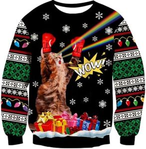 Idgreatim Boys Mens Novelty Ugly Sweatshirt 3D Spitfire Boxing Cats Long Sleeve Pullover Sweatshirts for Christmas L