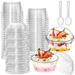 Foraineam 100 Pack 5 oz. Thick Plastic Dessert Cups with 100 Lids and 100 Spoons, Mini Clear Ice Cream Bowl Parfait Party Cups, Reusable Snack Serving Bowls for Desserts, Appetizers, Puddings, Fruits