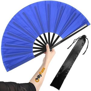 OMyFans Kitana Large Rave Folding Hand Fan - Foldable Chinese Tai Chi Kung Fu fan - Ideal for Festivals, EDM, Dancing, Hot Flashes, Church and Gifts (Blue)