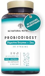 Probiotique Flore intestinale, Prebiotique, Enzymes Digestives et Zinc. 60 milliards de CFU 30 souches. Probiotiques. Système immunitaire. 90 capsules .CE. N2 Natural Nutrition
