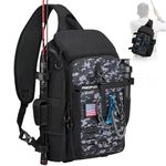 Piscifun Fishing Tackle Bag, Sling Bag with Rod & Gear Holder, Lightweight Tackle Storage Bag with Rain Cover, Black Camouflage
