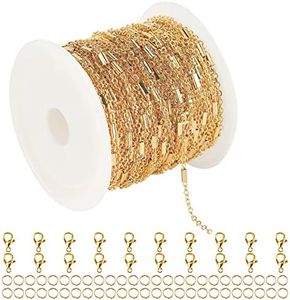 YOUBEIYEE 32.8ft 18K Gold Plated Jewelry Making Chain Bulk with 50pcs Jump Rings and 20pcs Lobster Clasps, Solid Brass Tube Bar Cable Link Chain Necklace Bracelet DIY Craft Chains