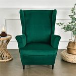 Wing Chair Slipcover 2 Piece Set - 2 IN 1 Design Removable Soft Velvet Wingback Chair Covers Armchair Stretch Covers Furniture Protector for Wingback Chairs Living Room Bedroom Hotel (Dark Green)