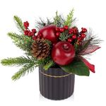 Small Christmas Tree 25cm Artificial Plant in Ceramic Pots with Apple, Pine Cone, Berries, Mini Xmas Tree Ornaments Christmas Decorations for Home New Year Table Centerpieces