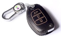 JVCV® Car Styling Soft Handmade Leather Key Cover Compatible with Hyundai 3 Button Folding Key with Keychain (3 Button Folding Key, Black)