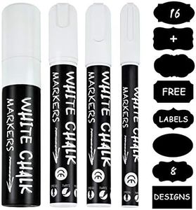 Ulifeme Feutre Craie Blanc 3mm, 6mm, 10mm et 15mm pour Tableau Noir, Verre & Fenêtres, Humide ou Sec Effacable Marqueurs Liquide, 4pcs Stylo + 16pcs Ardoise Noire Etiquettes