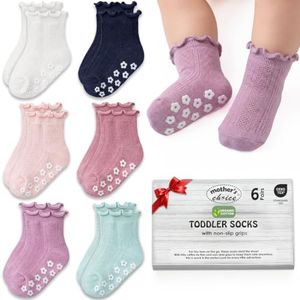 Mother's Choice Organic Cotton Blend Baby Socks 6M–5Y, Non-Slip 6 Pairs Grip Ruffle Socks For Infants & Toddlers, Daily Use (Pastel Pink (1-3 Years))