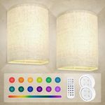 2Pack Battery Operated Wall Sconce with Remote Control Set, 15 RGB Colors Changeable 5 Brightness Level Wall Lamp Stylish Wall Lamp Fabric Shade for Bedroom Living Room Hallway (Battery Rechargeable)