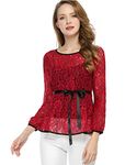 Allegra K Women's Tie Waist Long Sleeve Semi Sheer Lace Peplum Tops Red S-8