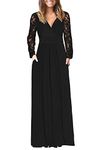 WNEEDU Womens Fall Dresses 2024 Lace Long Sleeve Maxi Dress V Neck Wrap Waist Casual Long Dress with Pockets 2024 New Black XL