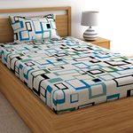 Home Ecstasy 100% Cotton Bedsheets for Single Bed Cotton, 140tc Geometric Blue Single Bedsheet with Pillow Cover (4.8ft X 7.3ft)