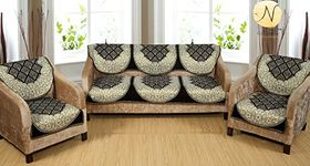 Nendle Luxurious Cotton Abstract Design 5 Seater Sofa Cover Set- 6 Pieces (Black)