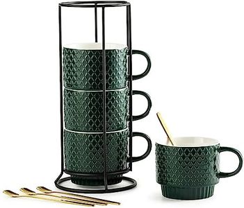 LYEOBOH Coffee Mug Set Porcelain Stackable Coffee Mugs with Stand and Spoons, 13 OZ. Cappuccino Cup Demitasse Cups for Drinks, Espresso, Latte,Set of 4, Dark Green