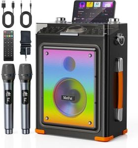 Metfut Karaoke Machine for Adults with 2 Wireless Microphones, Professional Bluetooth 5.3 Speaker, Portable Wooden Karaoke System with Bass/Treble Adjustable for Backyard, Home Party-Orange