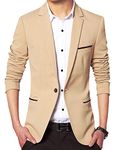 DAVID.ANN Men's Slim Fit Suits Casual One Button Flap Pockets Solid Blazer Jacket,Khaki,Large