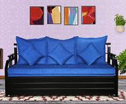 Royal Interiors Arizona 3 Seater Metal Sofa Cum Bed with Hydraulic Storage | Single Size Sofa Cuma Bed | 3 Seater Sofa Set, Metal Sofa Set for Living Room (Matte Black Finish with Blue Cushion)