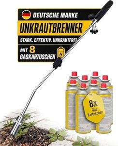 Fabona Unkrautbrenner [1100°] mit Piezozündung – professionelles Abflammgeraet mit robustem Griff & stufenloser Flammenregelung – ergonomischer Unkrautvernichter 80 cm – inkl. 8 Gaskartuschen