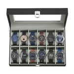 SONGMICS Watch Box, 12-Slot Watch Case, Watch Box Organizer, Black Synthetic Leather, Greenish Gray Lining UJWB12BK