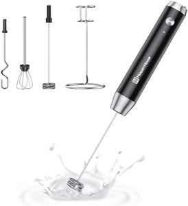 Maestri House Rechargeable Milk Frother with 3 Heads, LunaFro AS Handheld Electric Foam Maker Waterproof Detachable Stainless Steel Whisk Drink Mixer Foamer with Stand for Lattes, Cappuccino, Egg