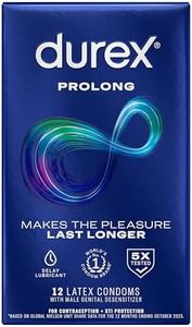 Durex Condom Prolong Natural Latex Condoms, 12 Count - Ultra Fine, ribbed and dotted with delay lubricant, Regular Fit