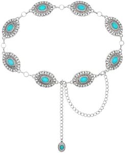 TOPACC Silver Turquoise Concho Chain belts for Women Western Boho Earrings Flower Metal Cowgirl Belt for Dresses Jeans Country Concert Outfit