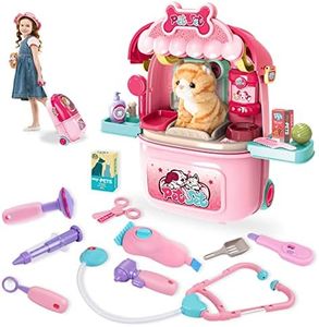 MAGIC4U Pet Cat Care Carrier Suitcase Toy, 28PCS Vet Clinic and Doctor Kit for Kids, Pet Kitty Grooming Feeding Toys Veterinarian Medical Pretend Role Play Set for Boys and Girls Ages 3-6