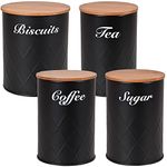 HOCHSTE Kitchen Canister Sets Black Tea Coffee Sugar Canisters with Large Biscuit Tin Airtight Bamboo Lid - Set of 4 Round Jars 13cm High