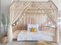 Baby Fancyroom House Bed Canopy Beige Bed Canopy Decoration Set Children's Room Children's Bed Canopy Pompom Garland Made of Premium Tulle for House Beds (House Bed Canopy Beige without Butterflies,