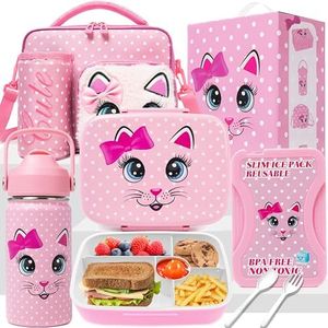 Oruiji Bento Box for Kids with Ice Pack Lunch Box for Girls 5-12 for School with Lunch Bag Set Cute Kids Lunch Box Containers with Stainless Steel Water Bottle for Pre-School Girls Toddler Daycare