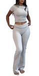 ZFLM Casual Workout Two Piece Outfits for Women Short Sleeve Crop High Waist Foldover Flare Pants Tracksuit Sets Streetwear, Heather Grey, Small